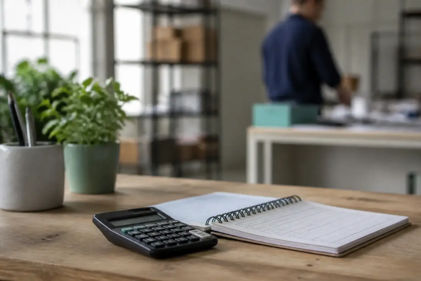 Calculatrice et feuille de calcul posées sur un bureau, pour un calcul de coût de revient