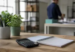 Calculatrice et feuille de calcul posées sur un bureau, pour un calcul de coût de revient