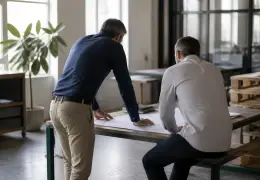 Deux dirigeants discutant d’un contrat posé sur une table dans un atelier