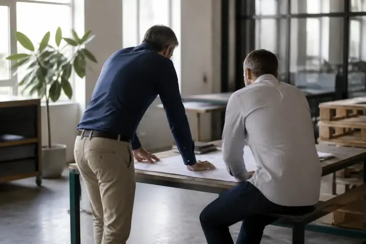 Deux dirigeants discutant d’un contrat posé sur une table dans un atelier