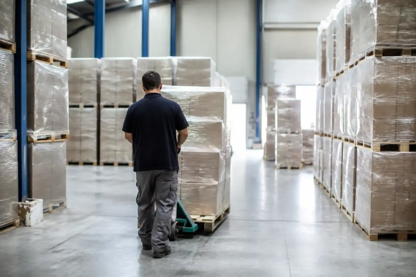 Entrepôt de marchandises rangées sur des palettes, vu depuis une allée