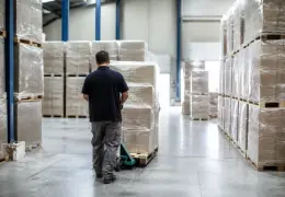 Entrepôt de marchandises rangées sur des palettes, vu depuis une allée