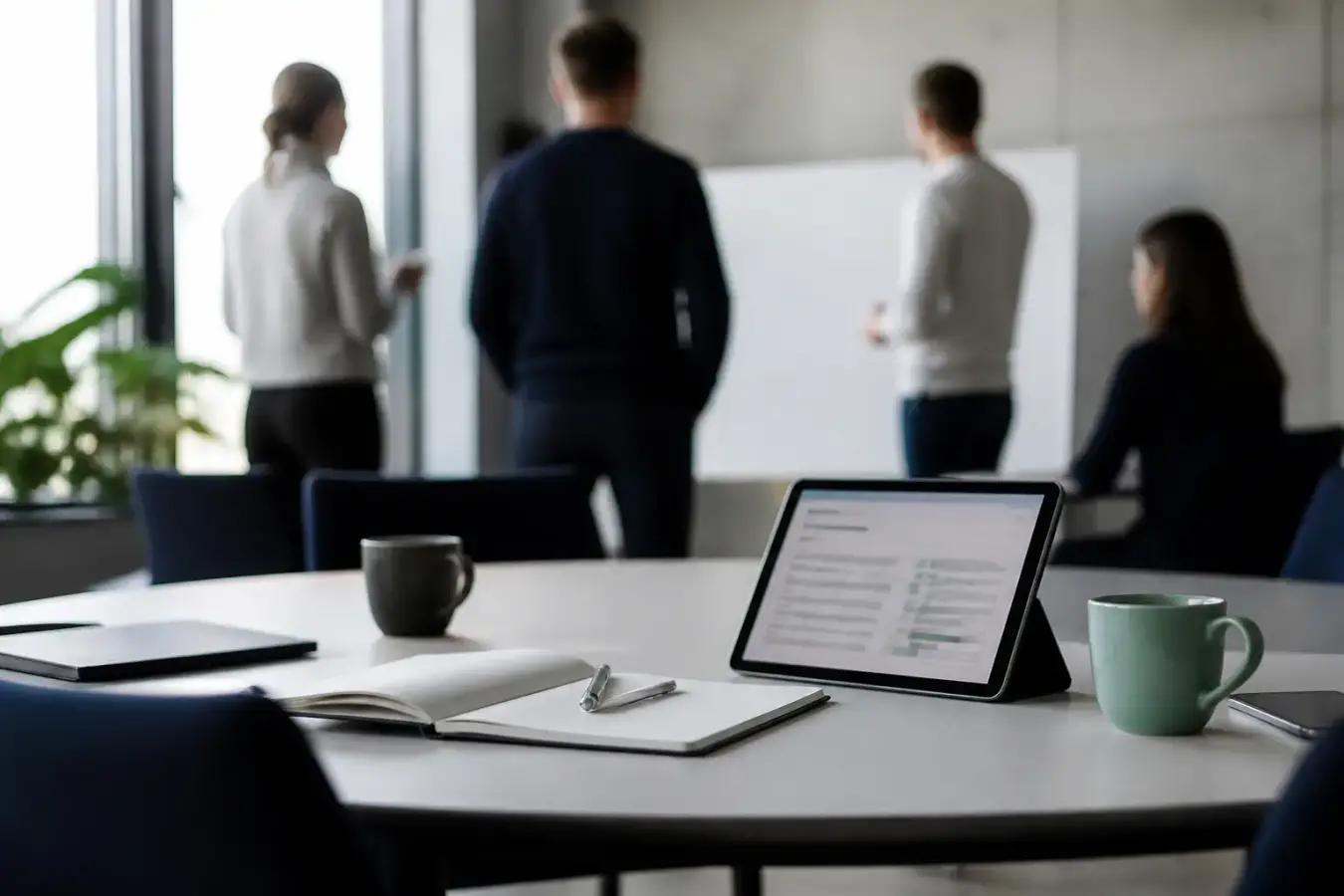 Équipe commerciale qui examine un tableau de suivi des opportunités sur une table de réunion