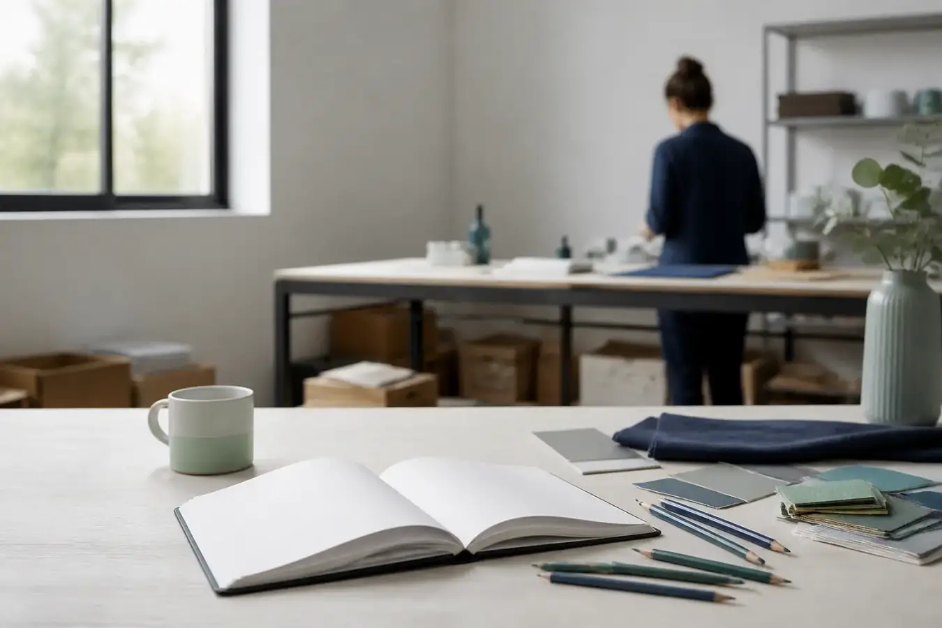 Dirigeant d’une PME examinant des notes et un tableau de segments de clients dans un bureau lumineux