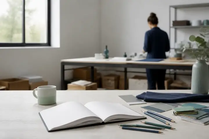Dirigeant d’une PME examinant des notes et un tableau de segments de clients dans un bureau lumineux