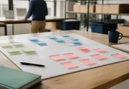 Tableau de planification posé sur un bureau avec des notes et un stylo