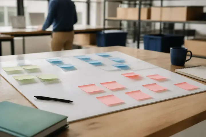 Tableau de planification posé sur un bureau avec des notes et un stylo