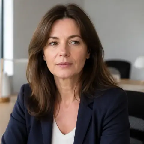 Portrait de Mathilde Rivoire, cheveux châtains mi-longs, veste indigo, dans un bureau clair