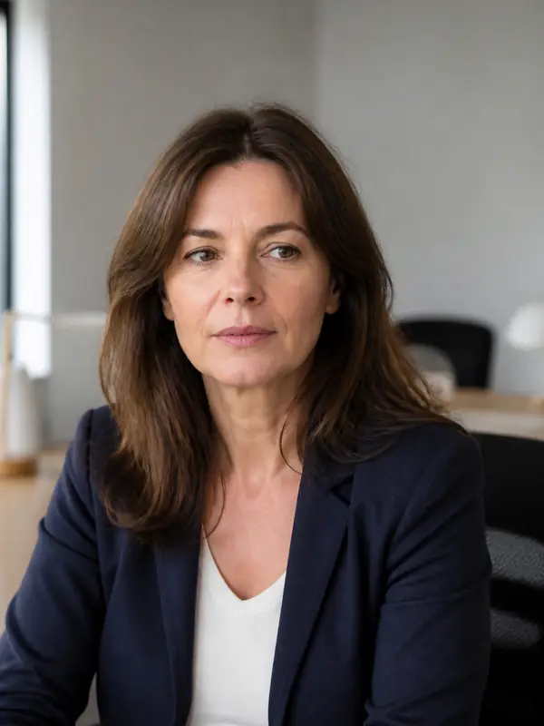 Portrait de Mathilde Rivoire, cheveux châtains mi-longs, veste indigo, dans un bureau clair