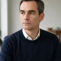 Portrait de Nicolas Aubriot, cheveux bruns courts grisonnants, pull indigo, dans un bureau clair