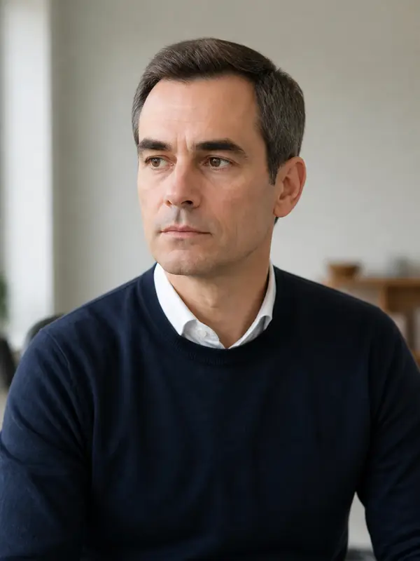 Portrait de Nicolas Aubriot, cheveux bruns courts grisonnants, pull indigo, dans un bureau clair