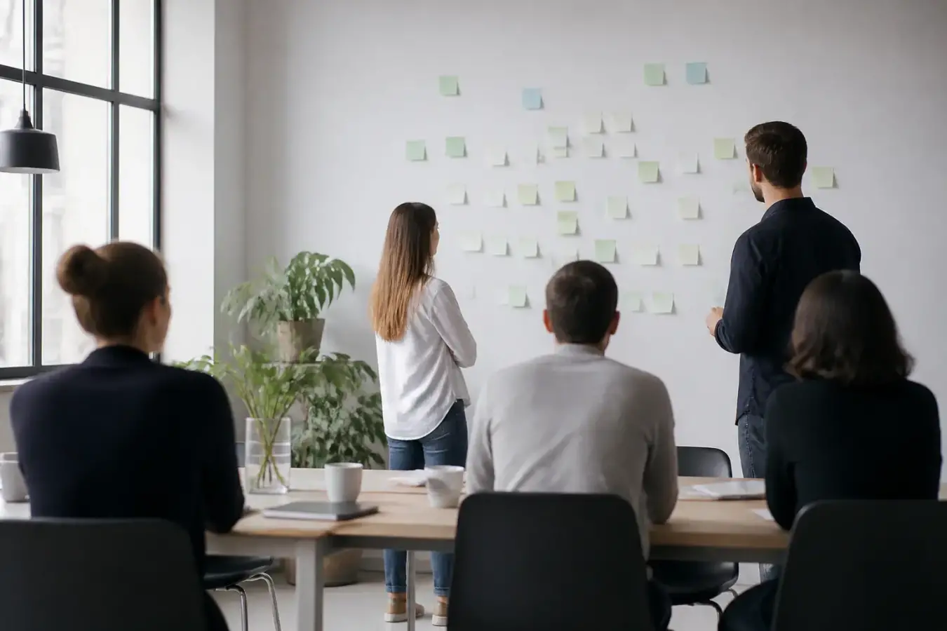Une équipe de travail réunie autour d’une table avec des notes collées sur un mur