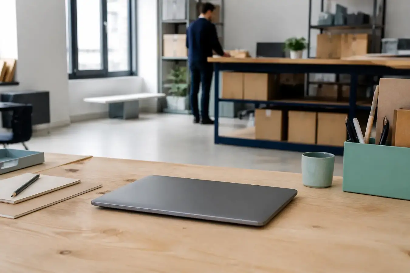 Ordinateur portable posé sur un bureau de travail, écran fermé, dans un espace de bureau sobre