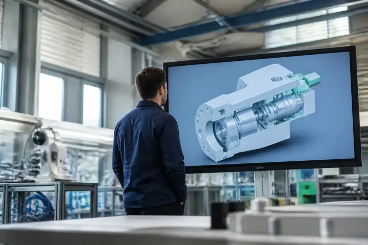 Ingénieur devant un écran affichant une maquette 3D d’une ligne de production