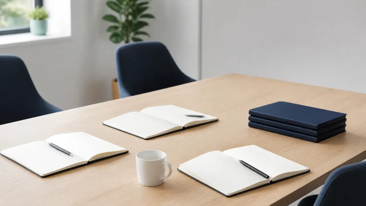 Grande table de réunion en bois clair avec trois carnets ouverts, des stylos et des dossiers indigo