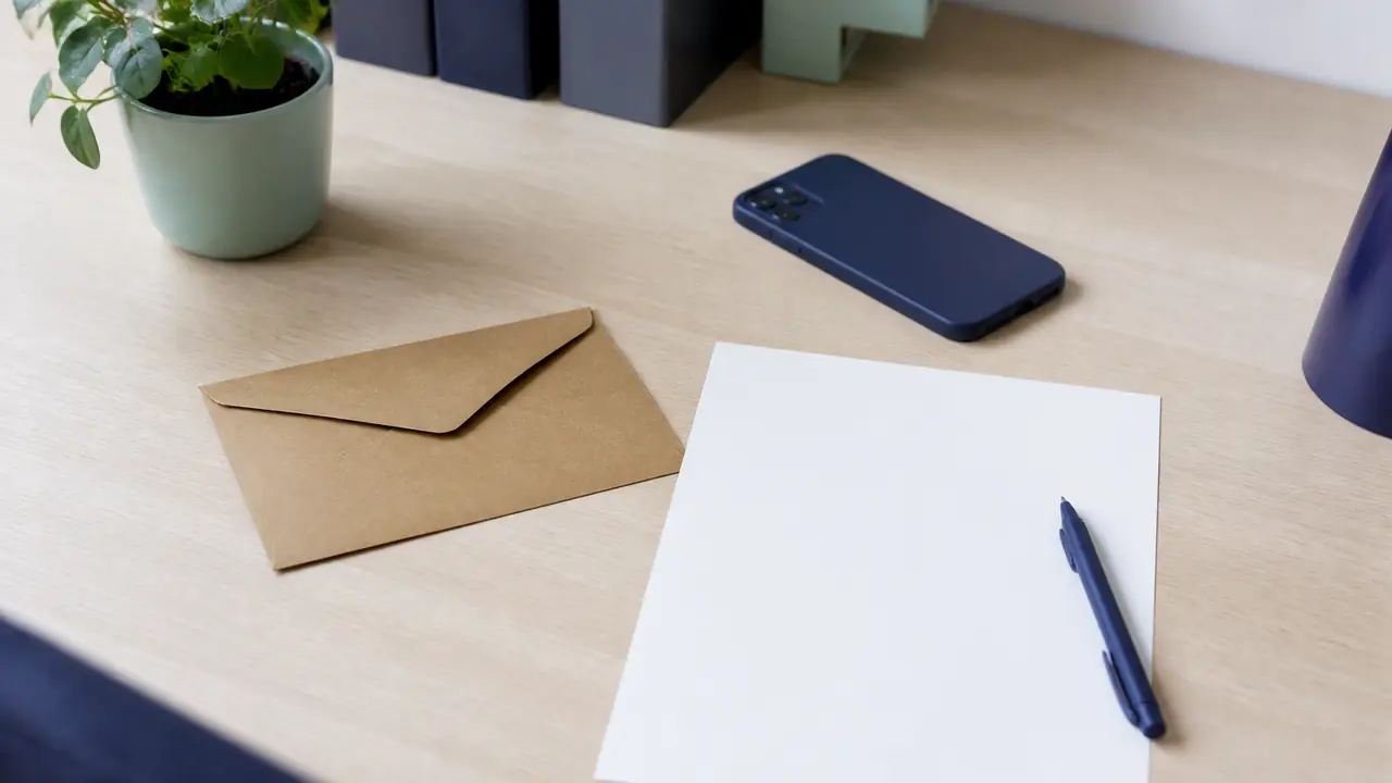 Feuille blanche, enveloppe kraft et stylo indigo posés sur un bureau clair près d’une plante verte