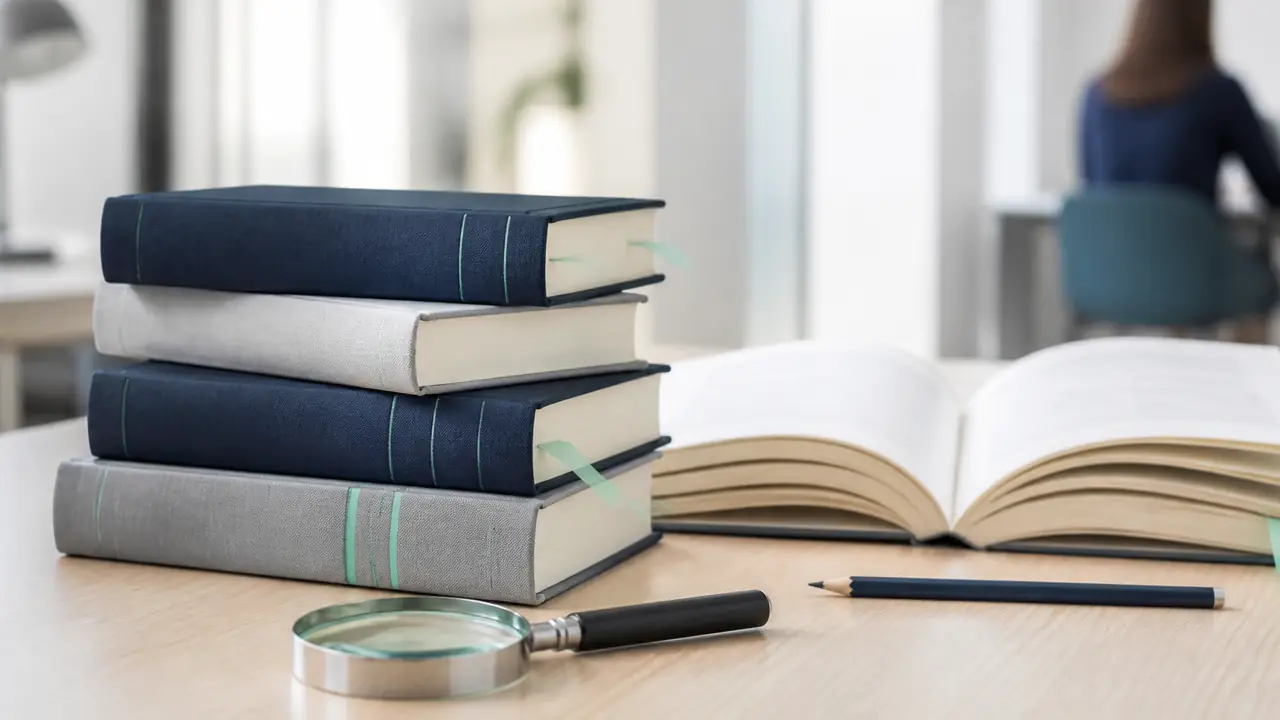 Ouvrages reliés en toile indigo et grise, livre ouvert, marque-pages menthe et loupe sur un bureau clair