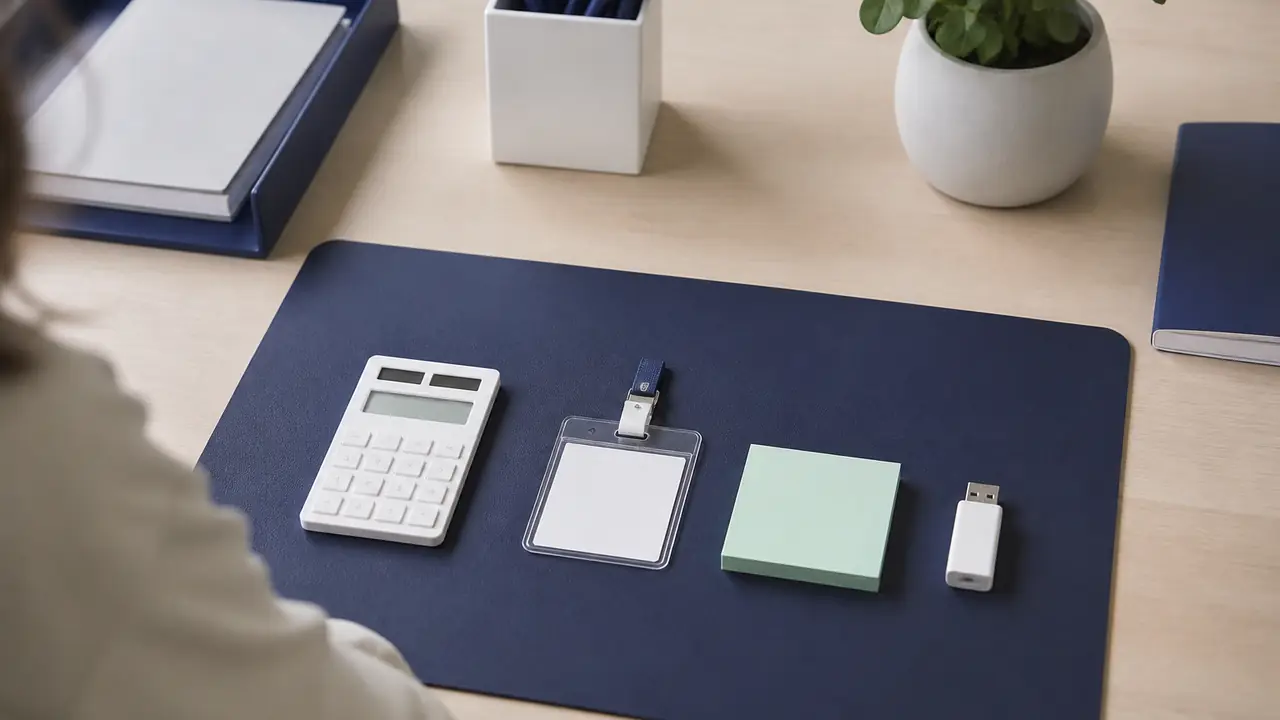 Vue de dessus d’un bureau clair avec une calculatrice, un badge, des notes adhésives menthe et une clé USB