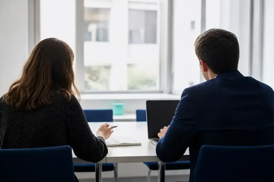 Deux collègues échangent autour d’une table de réunion, vues de dos