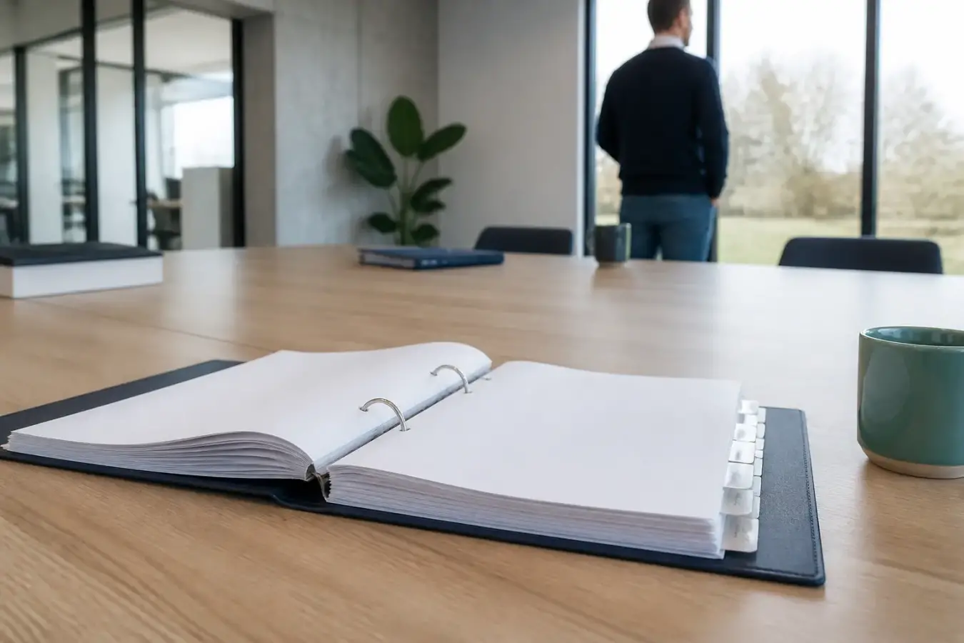 Dossier de comptabilité posé sur un bureau dans une petite salle de réunion