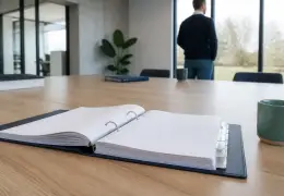 Dossier de comptabilité posé sur un bureau dans une petite salle de réunion