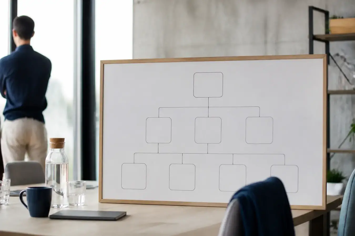 Deux collègues examinent un tableau de planification des emplois sur un bureau d’entreprise