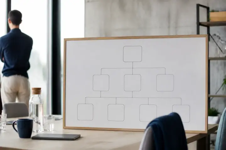 Deux collègues examinent un tableau de planification des emplois sur un bureau d’entreprise