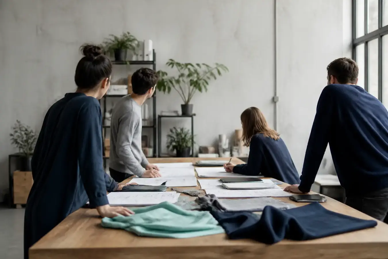Une équipe de travail réunie autour d’une table dans un bureau lumineux