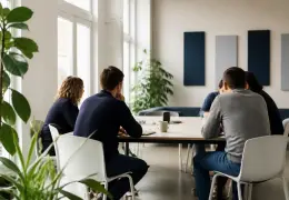 Une équipe réunie autour d’une table lors d’une réunion de travail dans un bureau lumineux