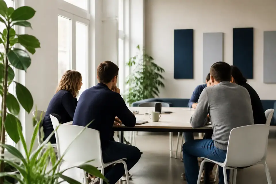 Une équipe réunie autour d’une table lors d’une réunion de travail dans un bureau lumineux