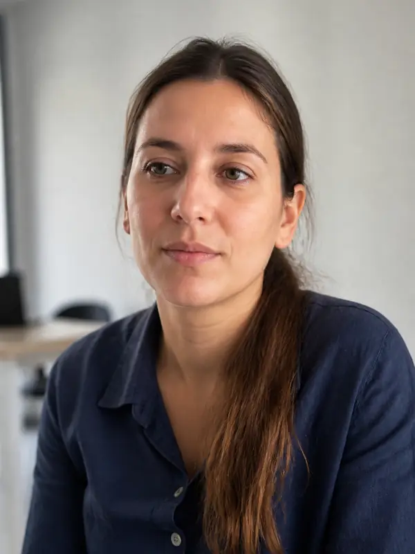 Portrait de Yasmine Kessar, cheveux bruns attachés, chemise bleu indigo, près d’une fenêtre